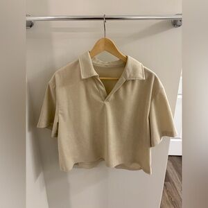 Beige Ribbed Polo Crop Top